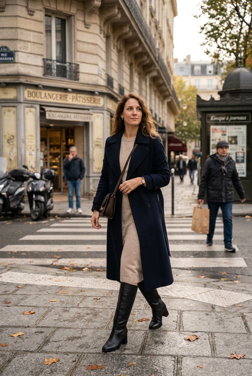 bottes avec une robe en automne-hiver 
