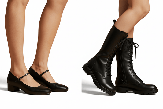 une paire d'escarpin et une botte couleur noir vue de profil