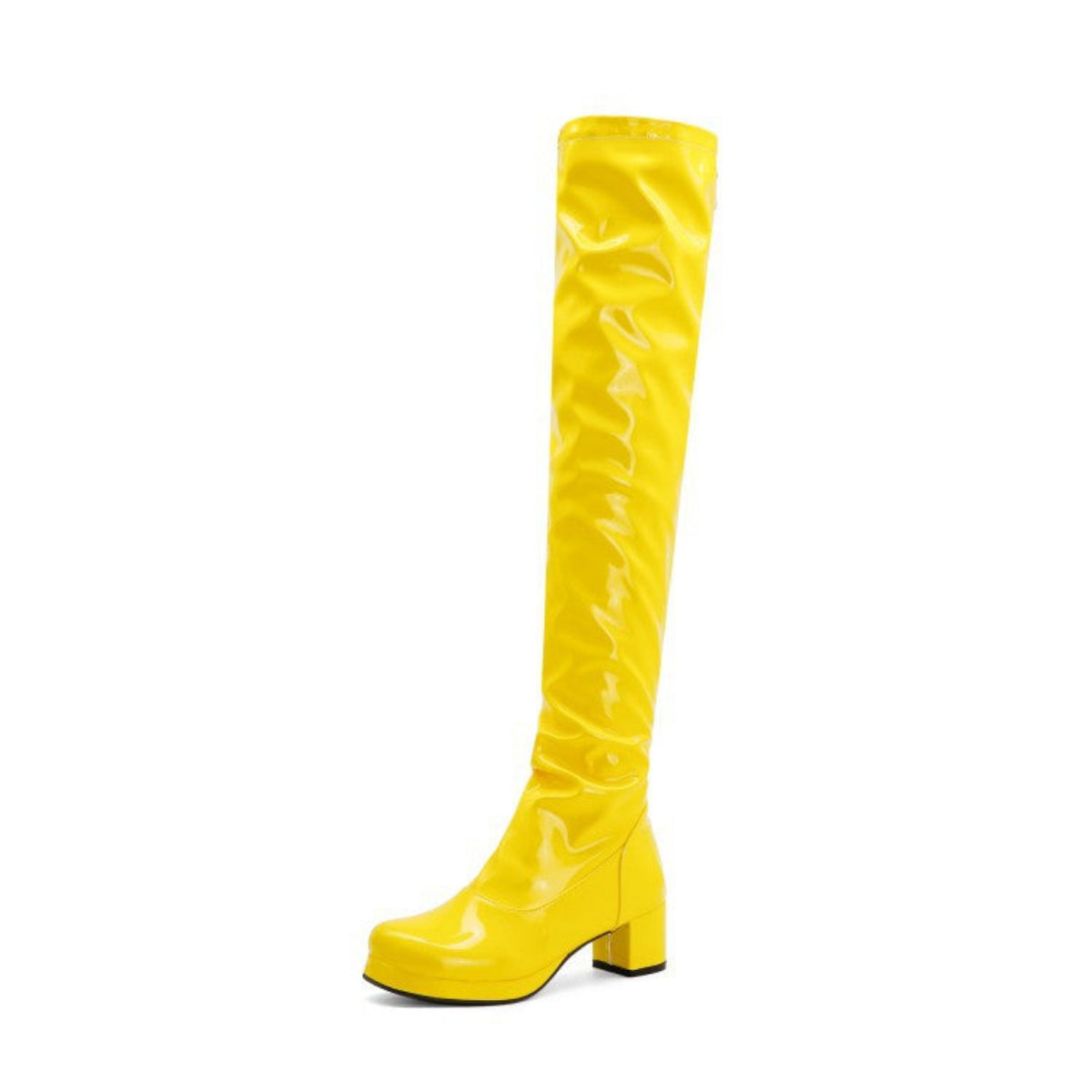 Bottes Cuissardes Jaunes Brillantes à Talon Carré - Glamour et Élégance