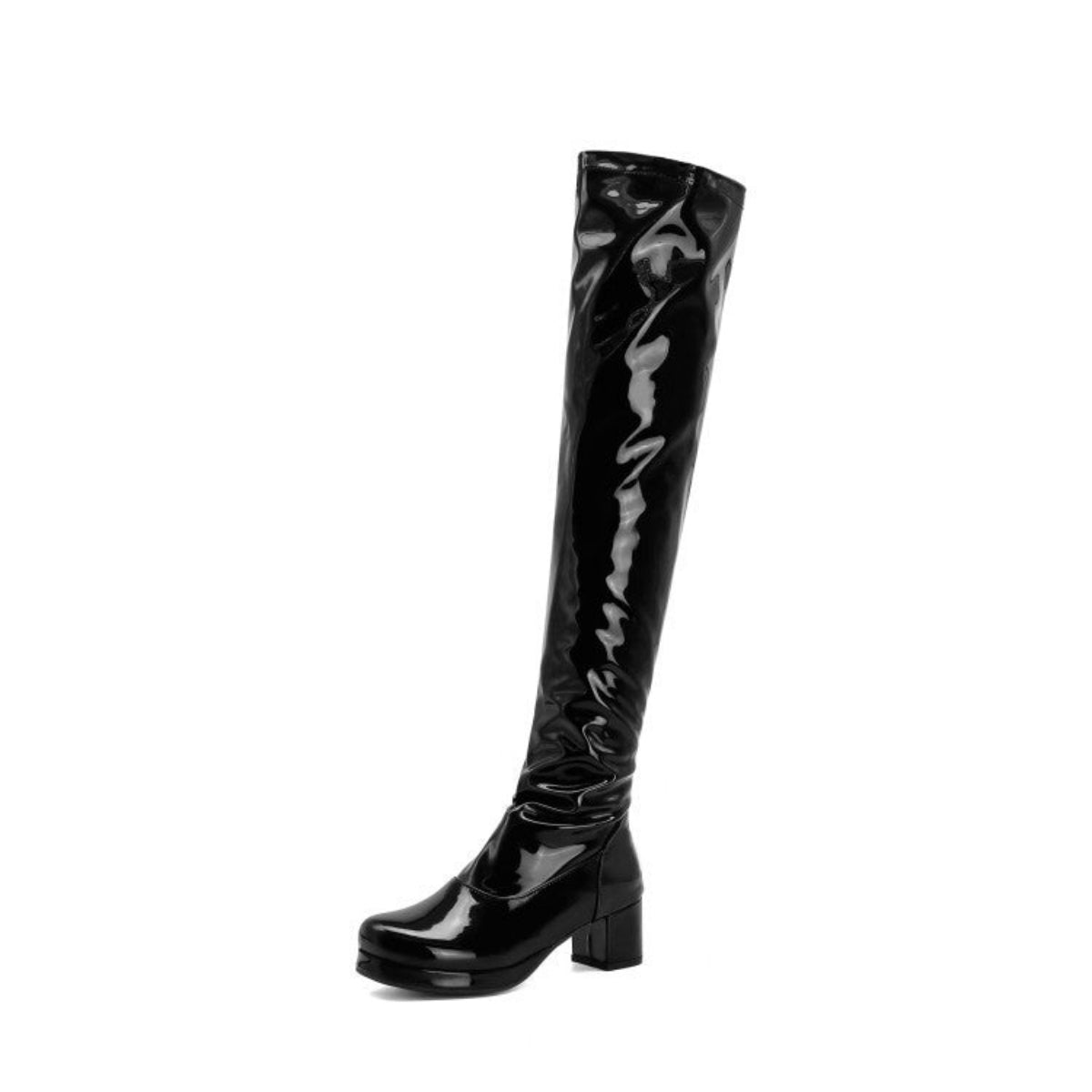 Bottes Cuissardes Noires Brillantes à Talon Carré - Glamour et Élégance