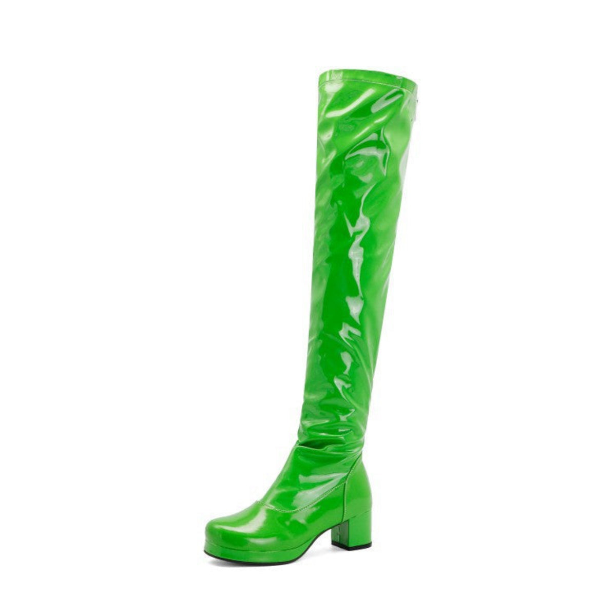 Bottes Cuissardes Vert Brillant à Talon Carré - Glamour et Élégance