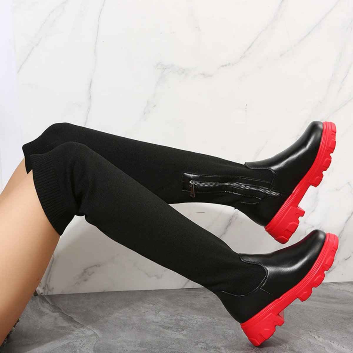 Bottes Femme Montantes à Semelle Compensée Contrastée, chaussures d'hiver tendance