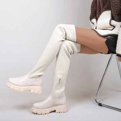 Bottes Femme Montantes à Semelle Compensée Contrastée, chaussures d'hiver tendance - Beige- Semelle beige / 35