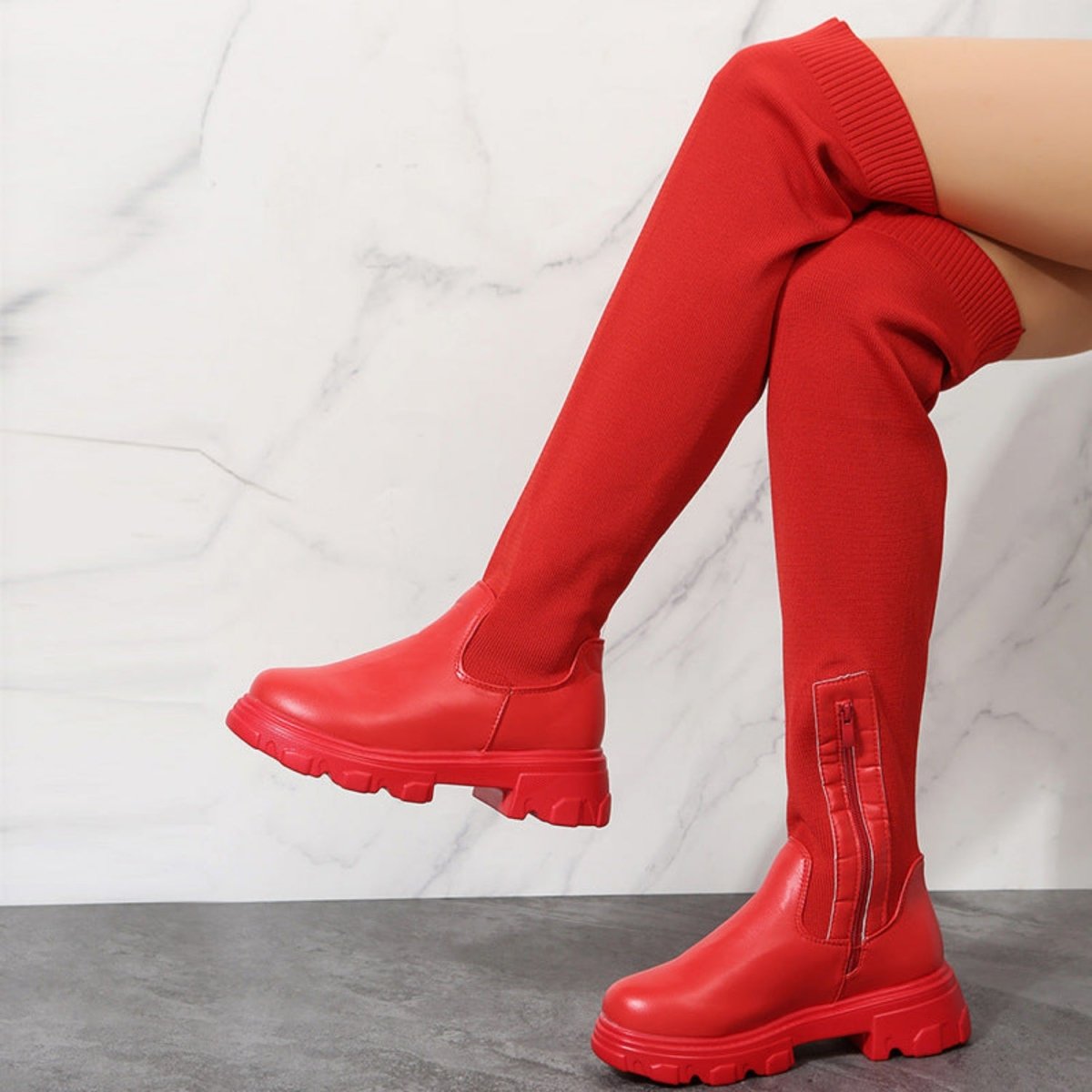 Bottes Femme Montantes à Semelle Compensée Contrastée, chaussures d'hiver tendance - Rouge- Semelle rouge / 35