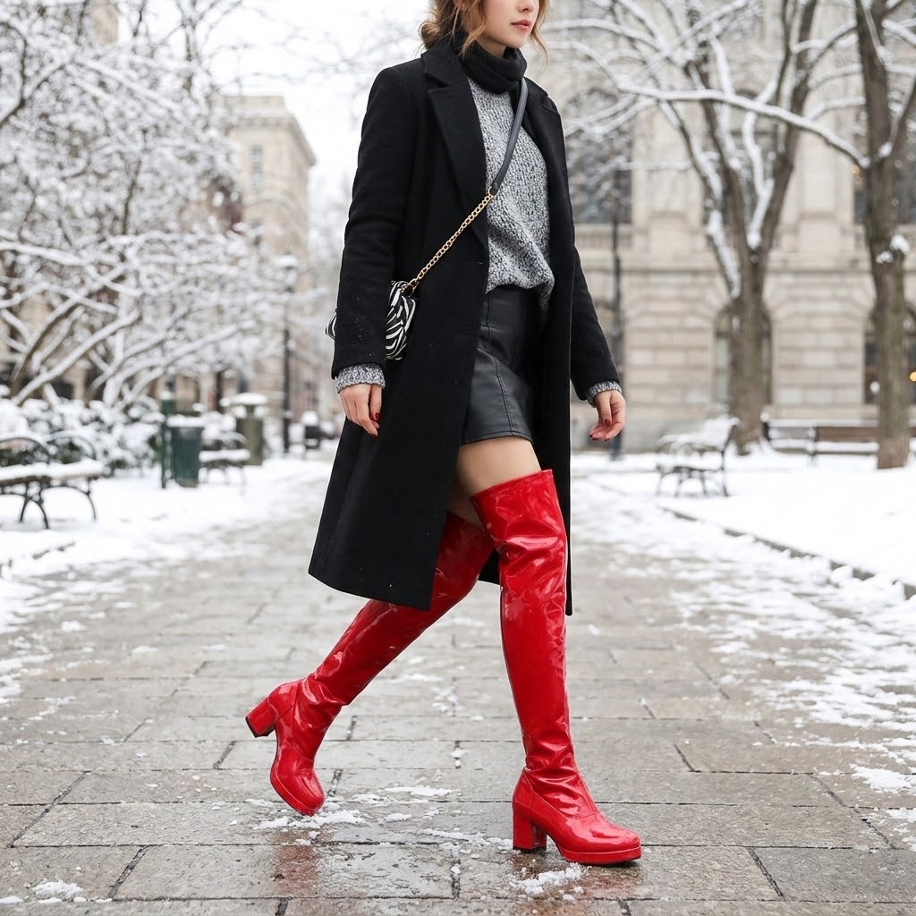  Bottes Cuissardes Rouges Brillantes à Talon Carré- Glamour et Élégance - vue de profil