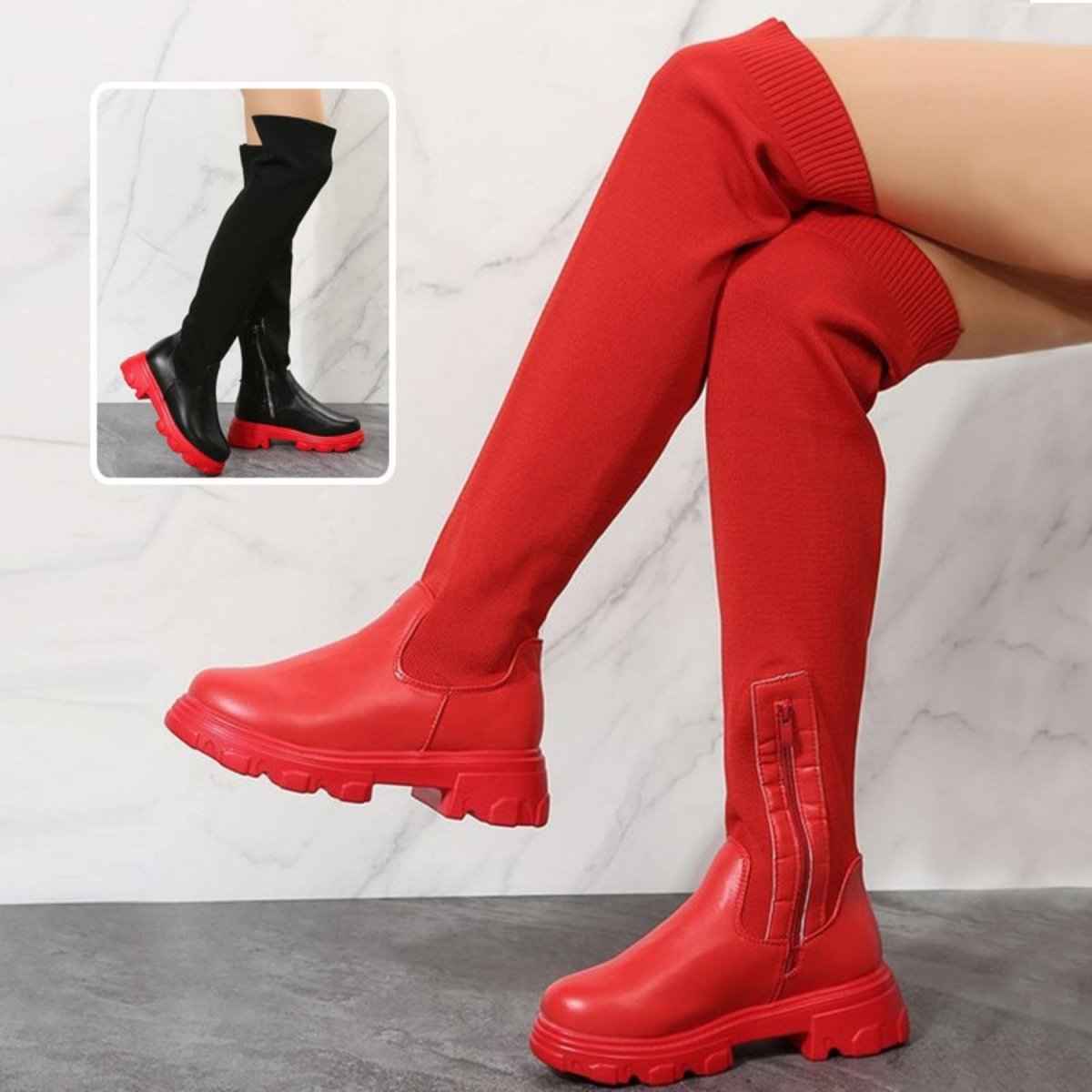 Bottes Femme Montantes à Semelle Compensée Contrastée, chaussures d'hiver tendance