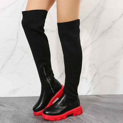 Bottes Femme Montantes à Semelle Compensée Contrastée, chaussures d'hiver tendance