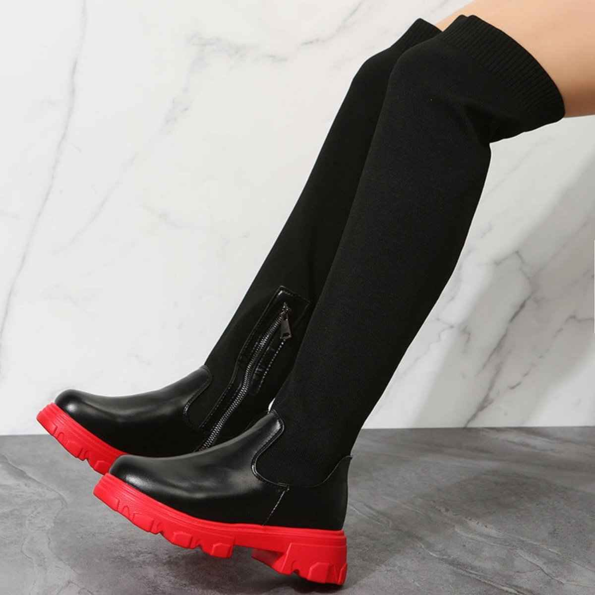 Bottes Femme Montantes à Semelle Compensée Contrastée, chaussures d'hiver tendance - Noir – semelle rouge / 35