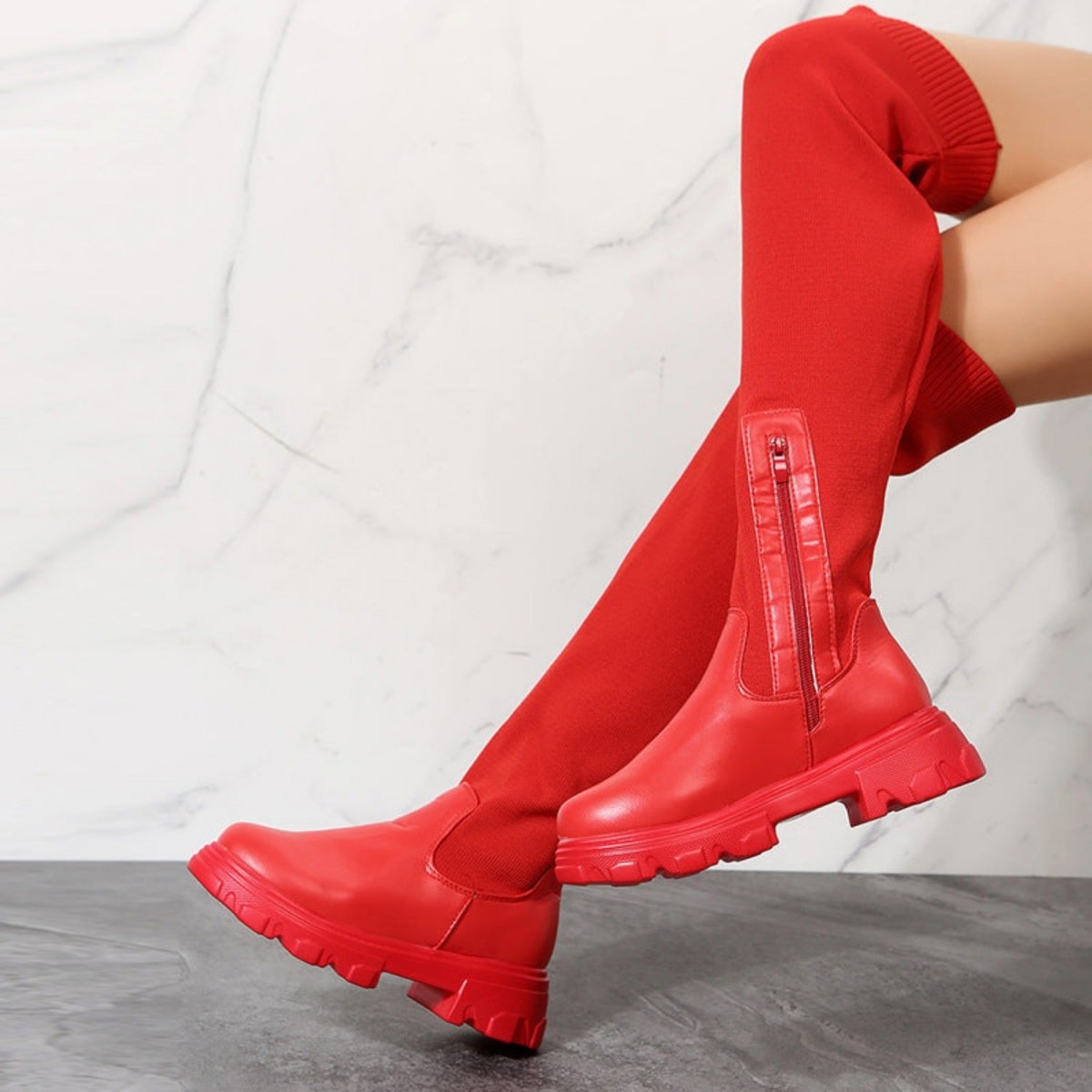 Bottes Femme Montantes à Semelle Compensée Contrastée, chaussures d'hiver tendance