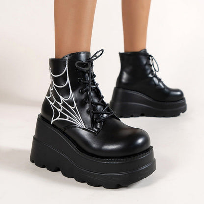 bottines-femme-lacets-compensées-toile-araignée-noires