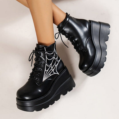 bottines-femme-lacets-compensées-toile-araignée-noires vue avant